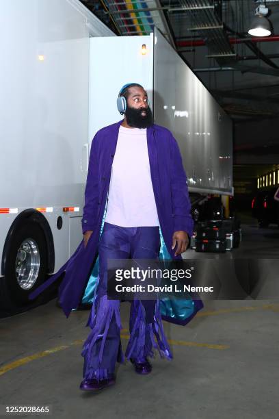 James Harden of the Philadelphia 76ers arrives to the arena before Round One Game Three of the 2023 NBA Playoffs against the Brooklyn Nets on April...
