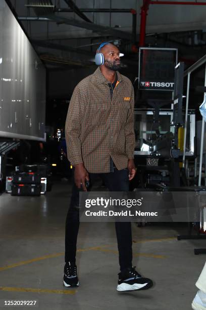 Dewayne Dedmon of the Philadelphia 76ers arrives to the arena before Round One Game Three of the 2023 NBA Playoffs against the Brooklyn Nets on April...