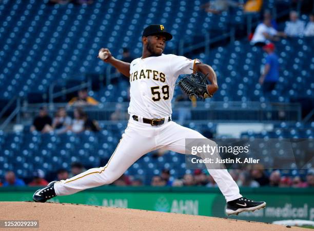 Roansy Contreras of the Pittsburgh Pirates pitches in the first inning against the Cincinnati Reds at PNC Park on April 20, 2023 in Pittsburgh,...