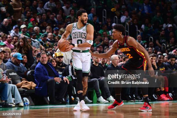 Jayson Tatum of the Boston Celtics looks to pass the ball during Round 1 Game 2 of the 2023 NBA Playoffs against the Atlanta Hawks on April 18, 2023...