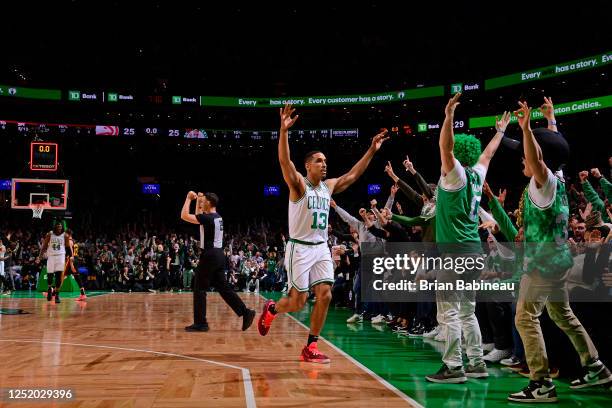 Malcolm Brogdon of the Boston Celtics reacts during Round 1 Game 2 of the 2023 NBA Playoffs against the Atlanta Hawks on April 18, 2023 at the TD...