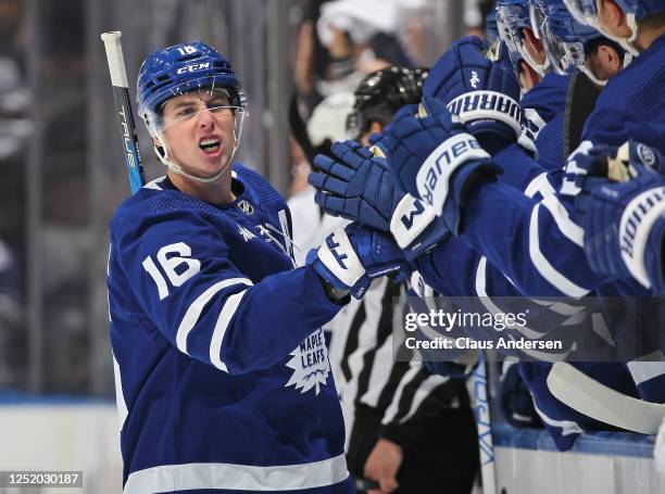 Mitchell Marner of the Toronto Maple Leafs celebrates the opening goal against the Tampa Bay Lightning in Game Two of the First Round of the 2023...