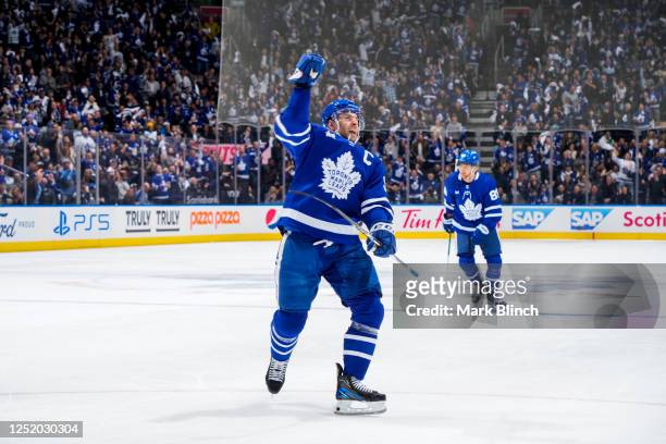 John Tavares of the Toronto Maple Leafs celebrates his goal against the Tampa Bay Lightning during the first period in Game Two of the First Round of...