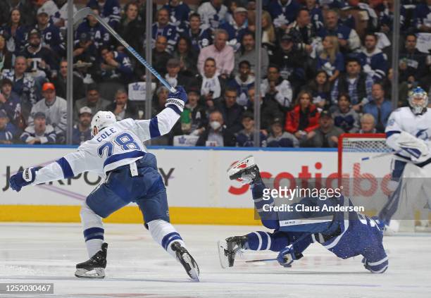 Ian Cole of the Tampa Bay Lightning draws a penalty for taking down Mitchell Marner of the Toronto Maple Leafs in Game Two of the First Round of the...