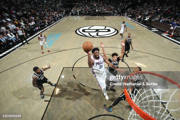 Joel Embiid of the Philadelphia 76ers drives to the basket during Round One Game Three of the 2023 NBA Playoffs against the Brooklyn Nets on April...