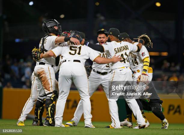 The Pittsburgh Pirates celebrate after defeating the Cincinnati Reds 4-3 at PNC Park on April 20, 2023 in Pittsburgh, Pennsylvania.