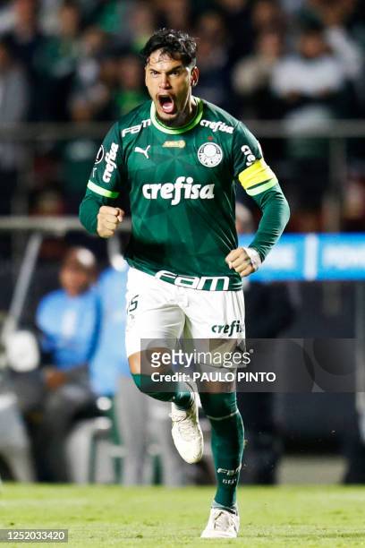Palmeiras' Paraguayan defender Gustavo Gomez celebrates after scoring against Cerro Porteño during the Copa Libertadores group stage first leg...