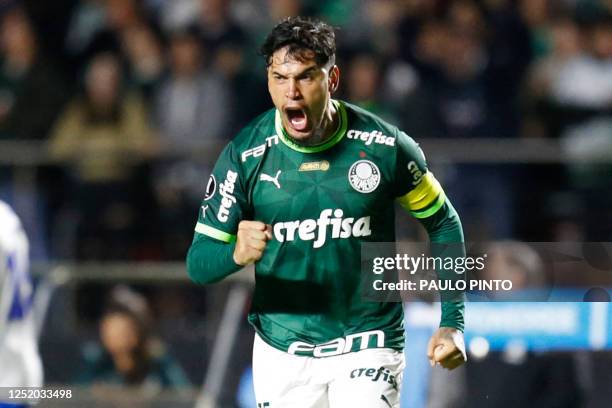 Palmeiras' Paraguayan defender Gustavo Gomez celebrates after scoring against Cerro Porteño during the Copa Libertadores group stage first leg...