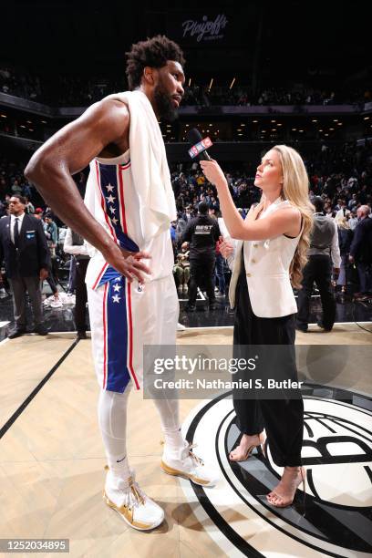 Joel Embiid of the Philadelphia 76ers talks to the media after Round One Game Three of the 2023 NBA Playoffs against the Brooklyn Nets on April 20,...