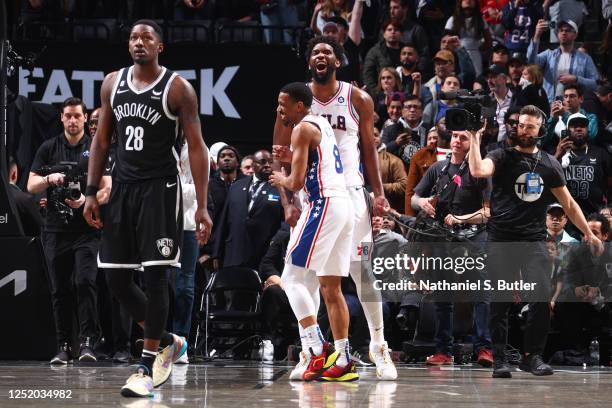 Joel Embiid of the Philadelphia 76ers celebrates during Round One Game Three of the 2023 NBA Playoffs against the Brooklyn Nets on April 20, 2023 at...