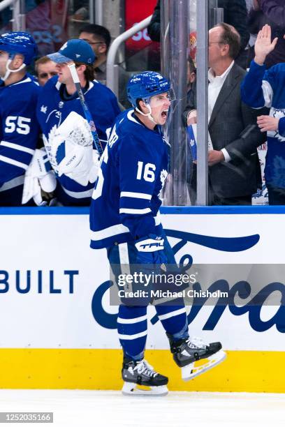 Mitchell Marner of the Toronto Maple Leafs celebrates a goal against the Tampa Bay Lightning in Game Two of the First Round of the 2023 Stanley Cup...