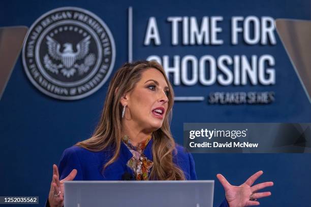 Chairwoman Ronna McDaniel speaks at the Ronald Reagan Presidential Foundation & Institute's 'A Time for Choosing Speaker Series' at the Ronald Reagan...