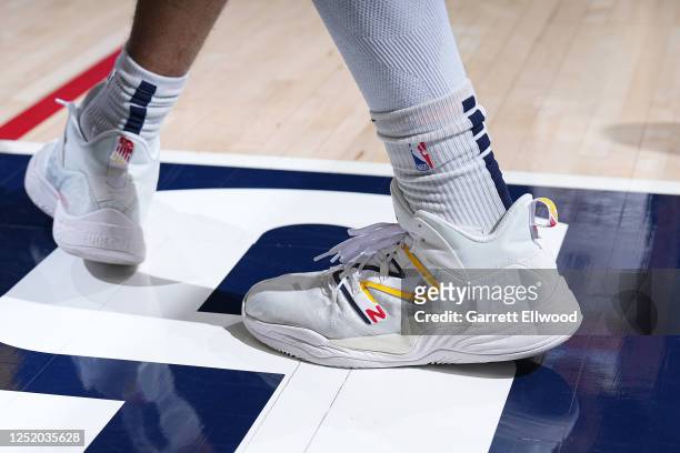 The sneakers worn by Jamal Murray of the Denver Nuggets against the Minnesota Timberwolves during Round 1 Game 2 of the 2023 NBA Playoffs on April...