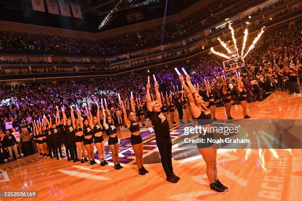 General view of the Sacramento Kings dance team before Round 1 Game 2 of the 2023 NBA Playoffs against the Golden State Warriors on April 17 2023 at...
