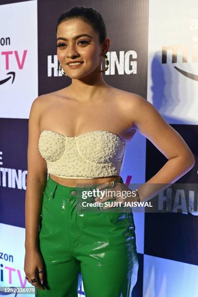 In this picture taken on April 20 Bollywood actress Prakruti Mishra attends the Amazon miniTV screening of the upcoming short film 'The Haunting' in...