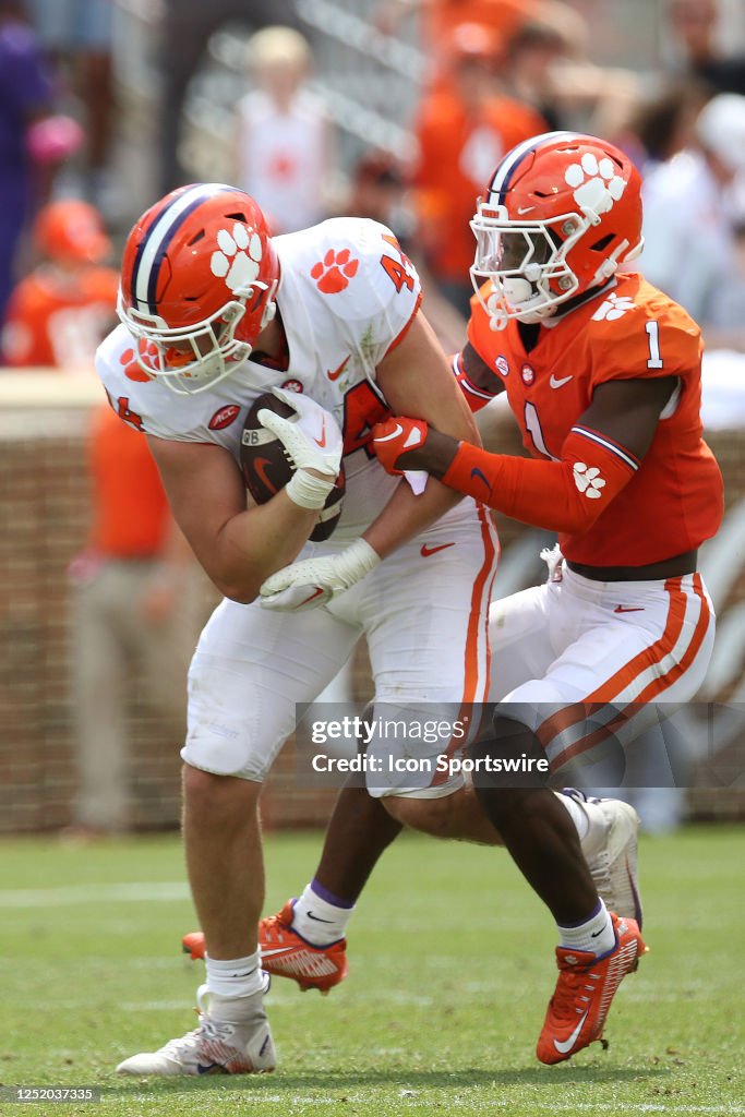 Bob Riggins Clemson Clemson Tigers tight end Banks Pope is tackled by Clemson Tigers ...