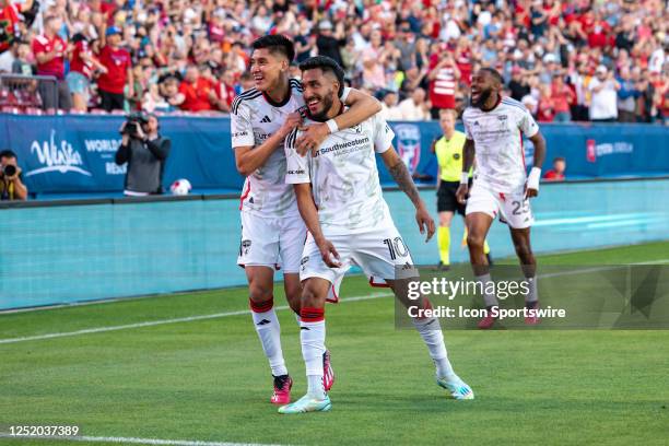 Dallas forward Jesus Ferreira and defender Marco Farfan celebrate a goal during the MLS soccer game between FC Dallas and Real Salt Lake on April 15,...