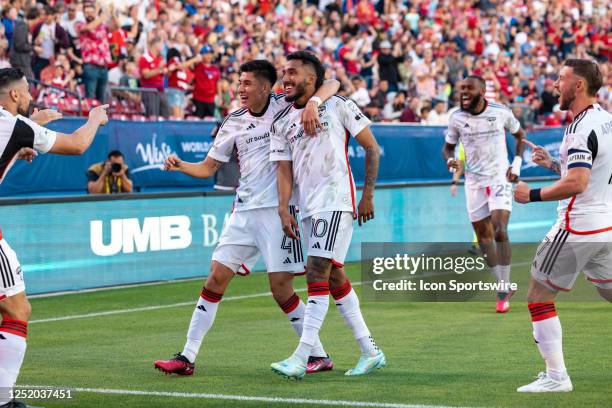 Dallas forward Jesus Ferreira and teammate Marco Farfan celebrate after a goal during the MLS soccer game between FC Dallas and Real Salt Lake on...