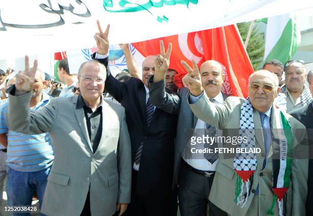 Tunisian General Workers' Union general secretary Abdessalem Jrad and General Secretary of the Democratic Forum for Labour and Liberties Mustapha Ben...