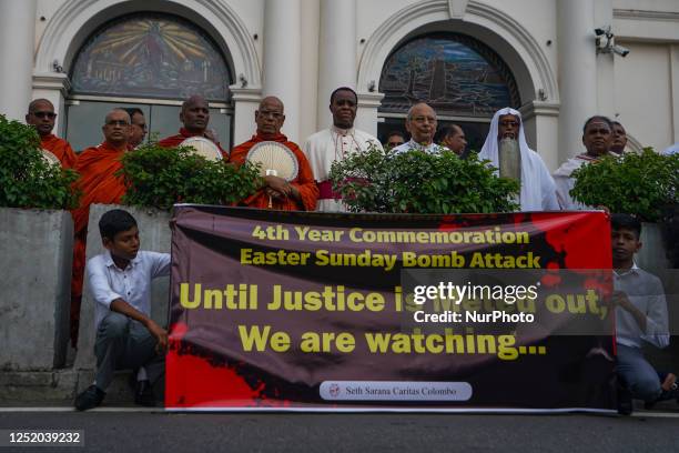 Cardinal Malcolm Ranjith attends a St. Anthony's shrine in Kochchikade for justice for the 2019 Easter bombing victims on April 21 in Colombo,Sri...