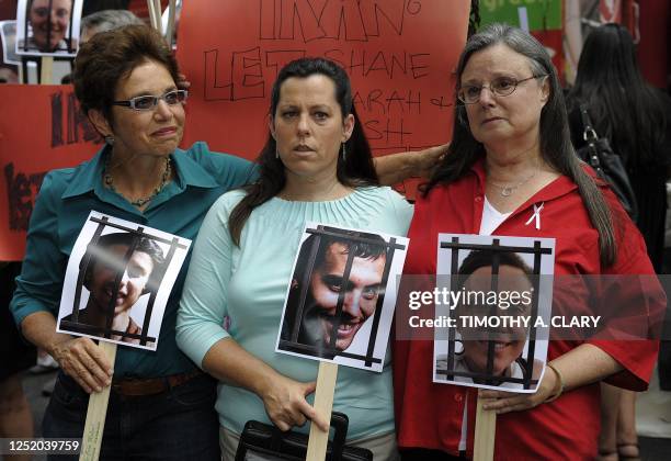 Laura Fattal, Cindy Hickey and Nora Shourd, the mothers of Josh Fattal, Shane Bauer, and Sarah Shourd respectively protest outside the Iran Mission...