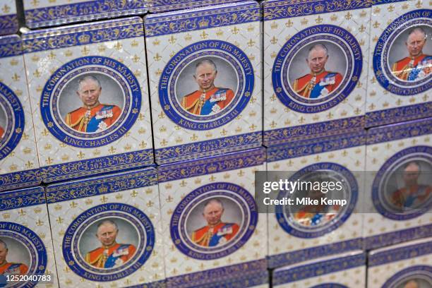 King Charles III Coronation merchandise on sale in a souvenir shop on 20th April 2023 in London, United Kingdom. King Charles II will be crowned King...