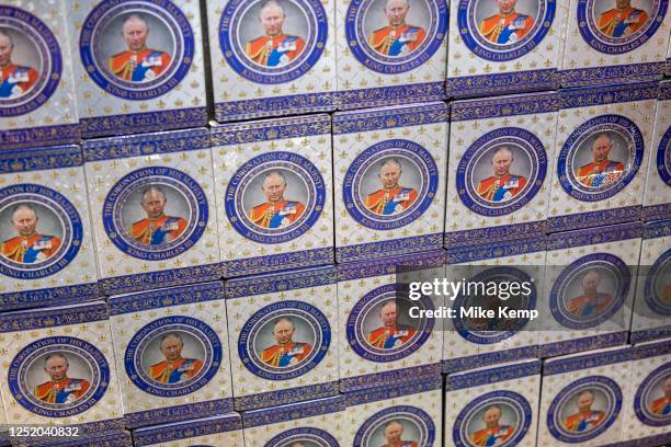 King Charles III Coronation merchandise on sale in a souvenir shop on 20th April 2023 in London, United Kingdom. King Charles II will be crowned King...