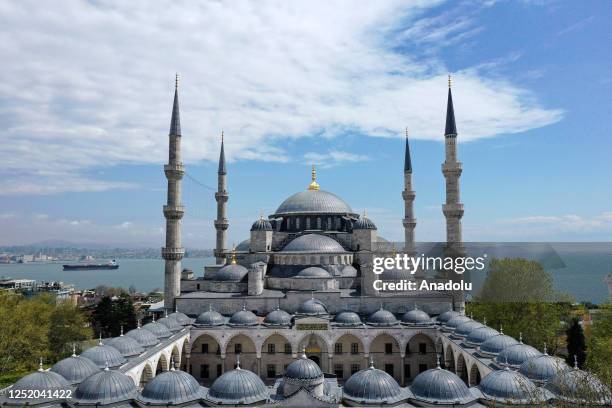 An aerial view of Sultanahmet Mosque ahead its re-opening ceremony to be attended by Turkish President Recep Tayyip Erdogan, following the completion...