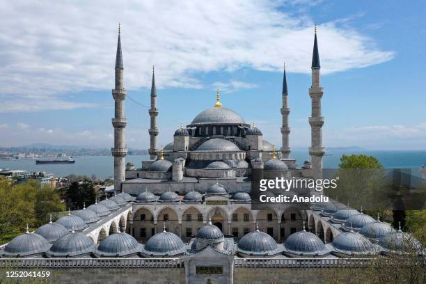 An aerial view of Sultanahmet Mosque ahead its re-opening ceremony to be attended by Turkish President Recep Tayyip Erdogan, following the completion...
