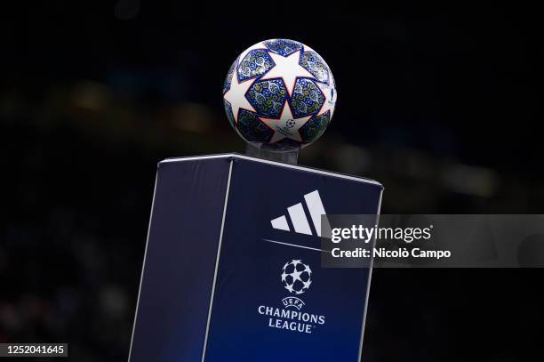 Official UEFA Champions League Adidas match ball 'UCL Pro Istanbul' is seen on a plinth bearing logos of Adidas and UEFA Champions League prior to...