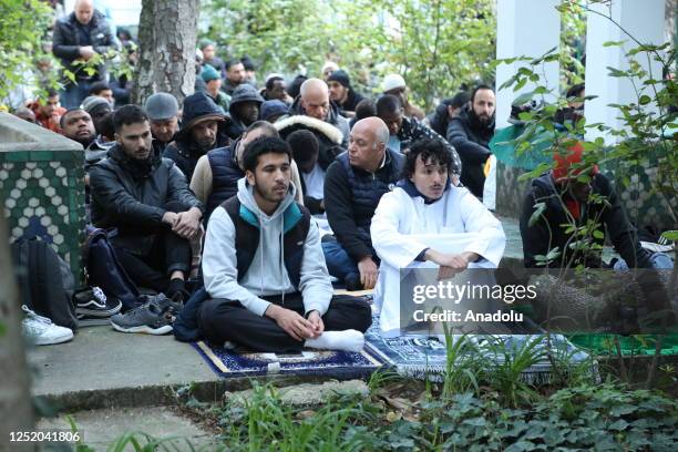 Muslims attend Eid al-Fitr prayers at Grand Mosque in Paris, France on April 21, 2023. Muslims around the world celebrate Eid al-Fitr, the three days...