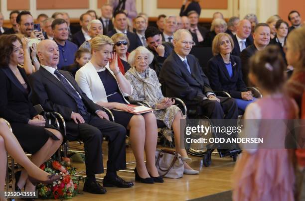 Argentine-born pianist and conductor Daniel Barenboim and his wife Russian-born pianist Elena Bashkirova and Berlin's governing Mayor Franziska...