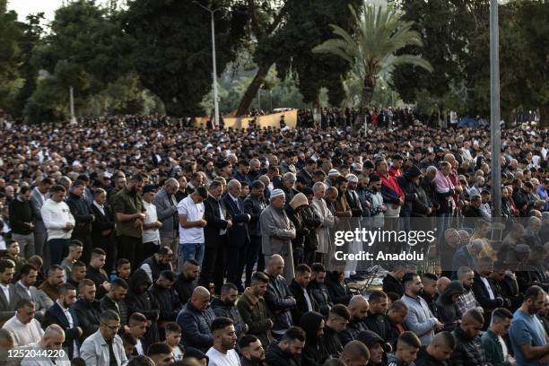 Muslims perform the Eid al-Fitr prayer at Masjid al-Aqsa Compound in East Jerusalem on April 21, 2023. Eid al-Fitr marks the end of Ramadan, the...