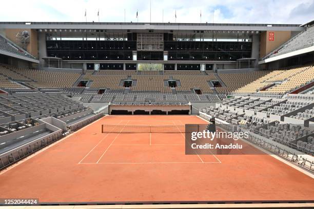Main court of Roland Garros, Philippe Chatrier also known as Court Central is pictured during a press conference of French Open tennis tournament...