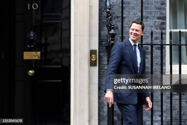 Britain's new Justice Secretary Alex Chalk leaves Number 10 Downing Street in London on April 21, 2023. - Lawyer Chalk replaces Dominic Raab who...