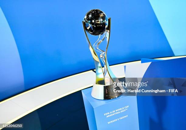 View of the FIFA U-20 World Cup Winner's Trophy prior to the FIFA U-20 World Cup Argentina 2023 Draw at HoF, Home of FIFA on April 21, 2023 in...