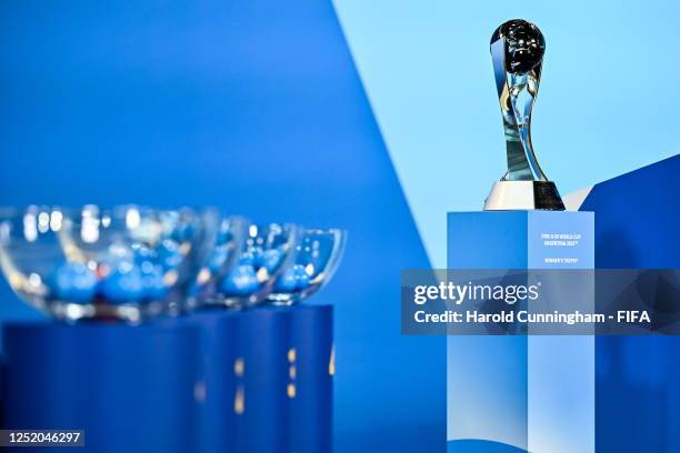 View of the FIFA U-20 World Cup Winner's Trophy prior to the FIFA U-20 World Cup Argentina 2023 Draw at HoF, Home of FIFA on April 21, 2023 in...