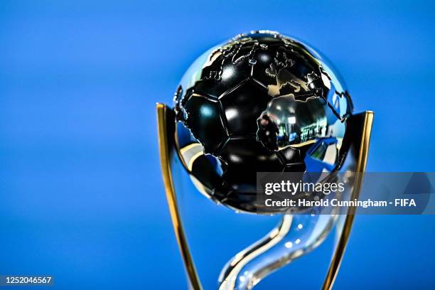 Detailed view of the FIFA U-20 World Cup Winner's Trophy prior to the FIFA U-20 World Cup Argentina 2023 Draw at HoF, Home of FIFA on April 21, 2023...