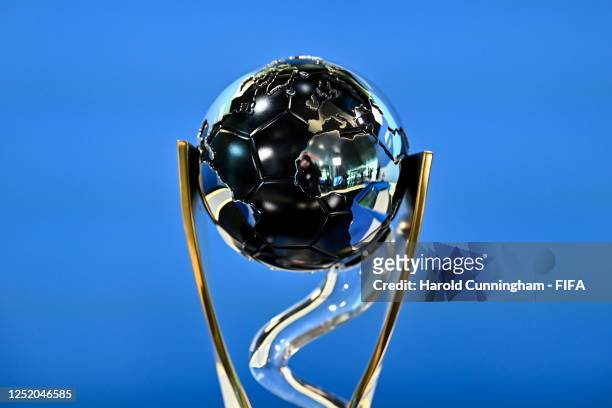Detailed view of the FIFA U-20 World Cup Winner's Trophy prior to the FIFA U-20 World Cup Argentina 2023 Draw at HoF, Home of FIFA on April 21, 2023...