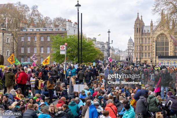 Protesters near the Houses of Parliament during the first day of the "The Big One" protest organized by Extinction Rebellion in London, UK, on...