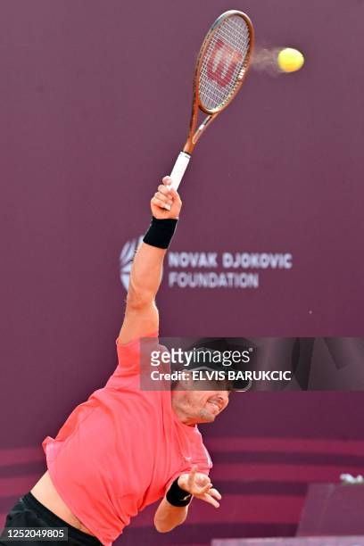 Serbia's Dusan Lajovic plays a righthand return to Serbia's Novak Djokovic during their tennis quarter final singles match at Srpska Tennis Open ATP...