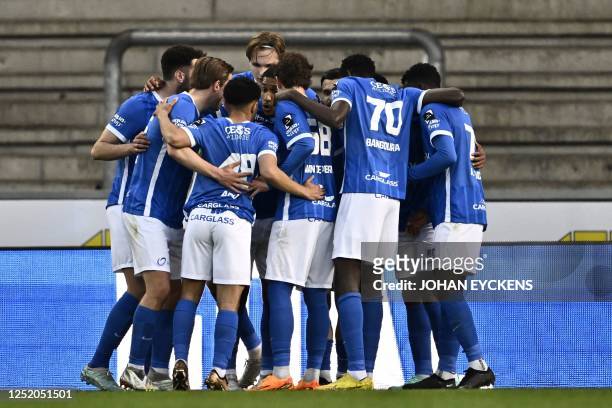 Jong Genk's players celebrate after scoring during a soccer match between Jong Genk and Lommel SK, Friday 21 April 2023 in Genk, on day 8 of the...
