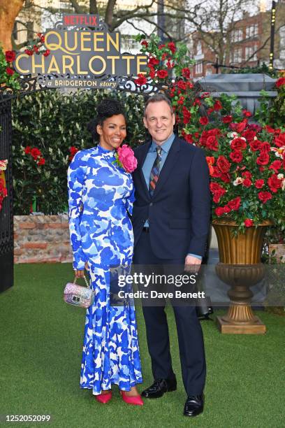 Kira Arne and Tom Verica attend a special fan screening and garden party for "Queen Charlotte: A Bridgerton Story" in Leicester Square on April 21,...
