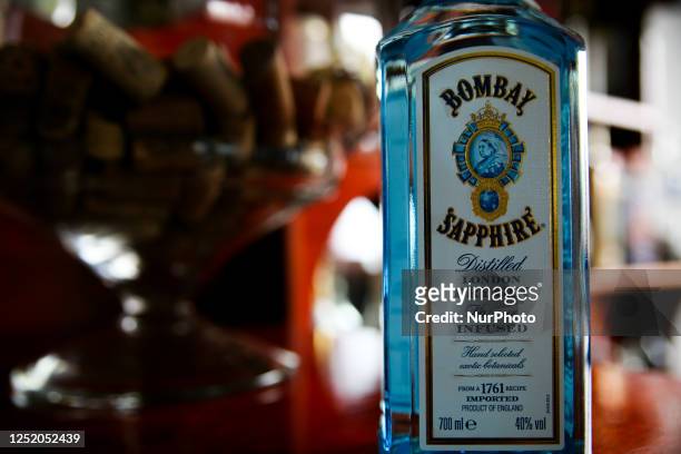 Bottle of Bombay Sapphire London Dry Gin on the bar on March 23, 2023 in Knurow, Poland.
