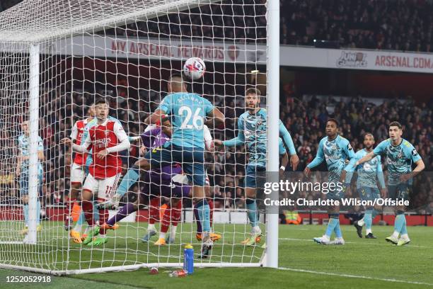 Carlos Alcaraz of Southampton clears the ball off the line during the Premier League match between Arsenal FC and Southampton FC at Emirates Stadium...