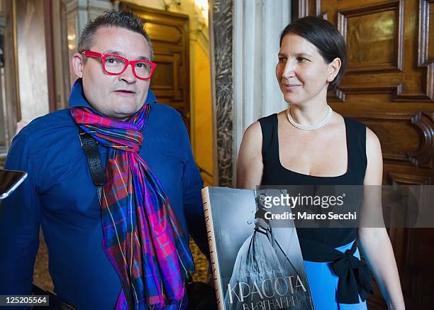 Alexandre Vassiliev and Francesca della Bernardina curator of the exhibition during the press preview of "Elegance in Exhile" at Palazzo Mocenigo on...