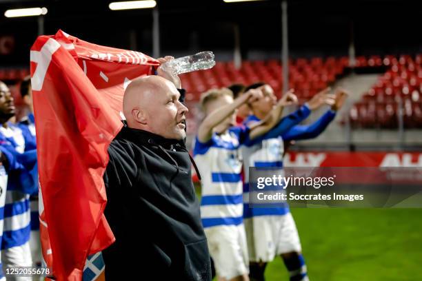 Coach Dick Schreuder of PEC Zwolle celebrates promotion to the Eredivisie during the Dutch Keuken Kampioen Divisie match between Almere City v PEC...