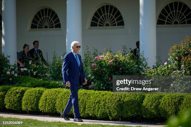 President Joe Biden walks through the Rose Garden of the White House on his way to board Marine One on April 21, 2023 in Washington, DC. President...