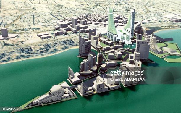 Picture taken 25 December 2002 shows a model of the one-billion-dollar financial center aimed at attracting inward investment and securing the tiny...