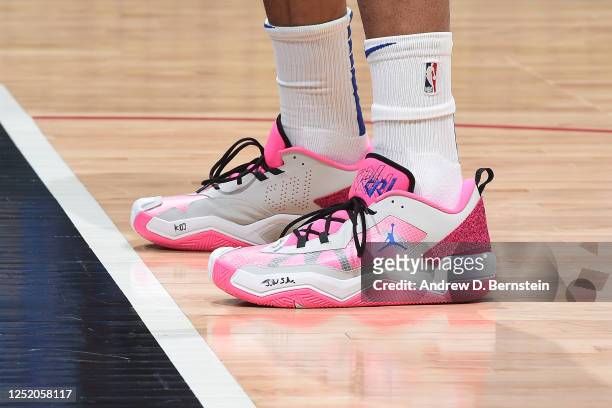 The sneakers worn by Russell Westbrook of the LA Clippers during the game against the Phoenix Suns during Round 1 Game 3 of the 2023 NBA Playoffs on...